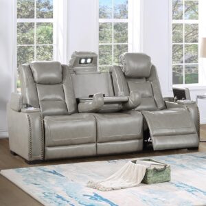 New Classic Furniture Breckenridge Leather Sofa with Power Footrest and Headrest, Light Gray