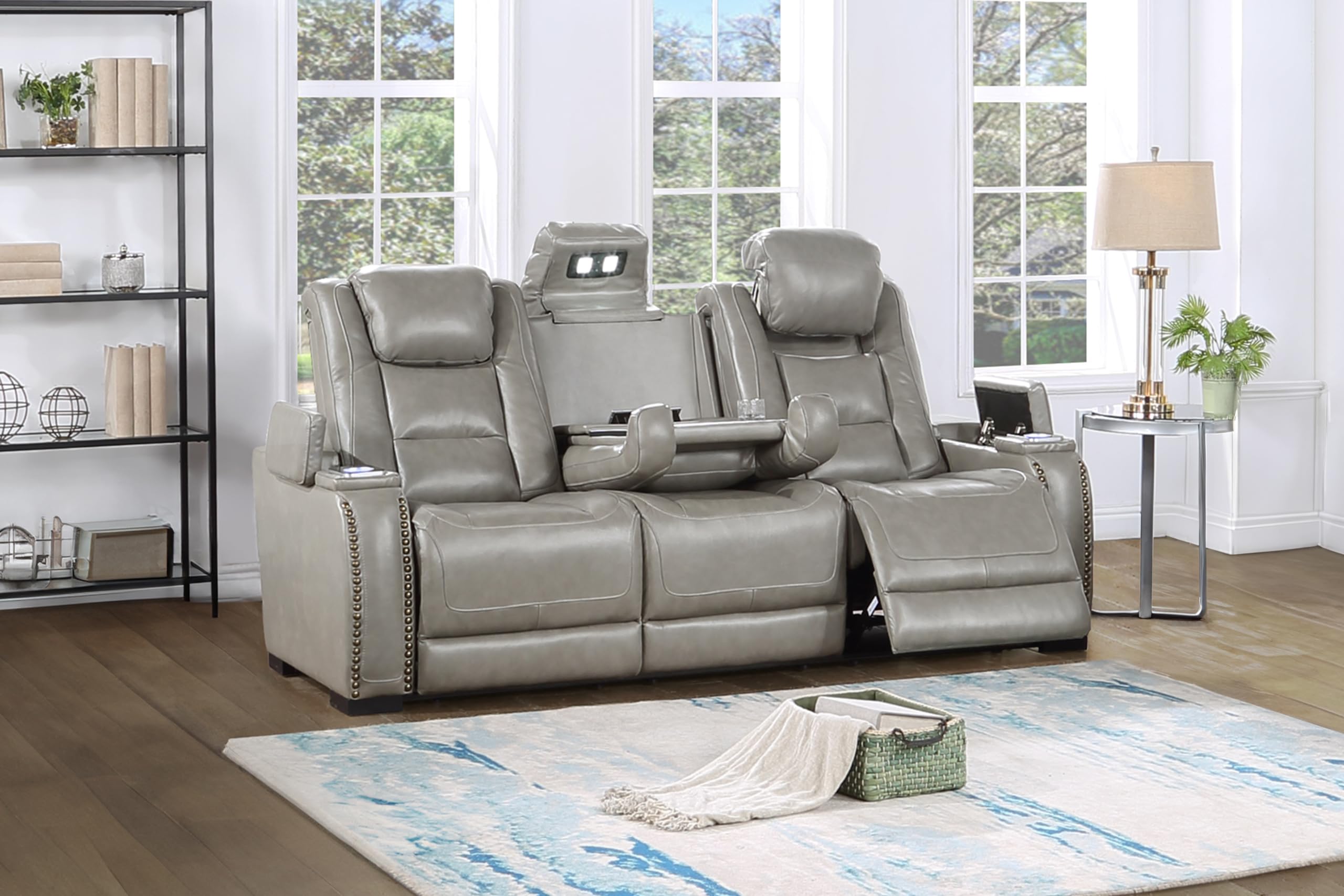 New Classic Furniture Breckenridge Leather Sofa with Power Footrest and Headrest, Light Gray