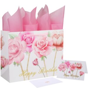 13" large pink gift bag set with greeting card and tissue papers (roses design) women's birthday party, girls' parties, baby shower, baby girl - 13”x5.2”x10.2”, 1 pcs.