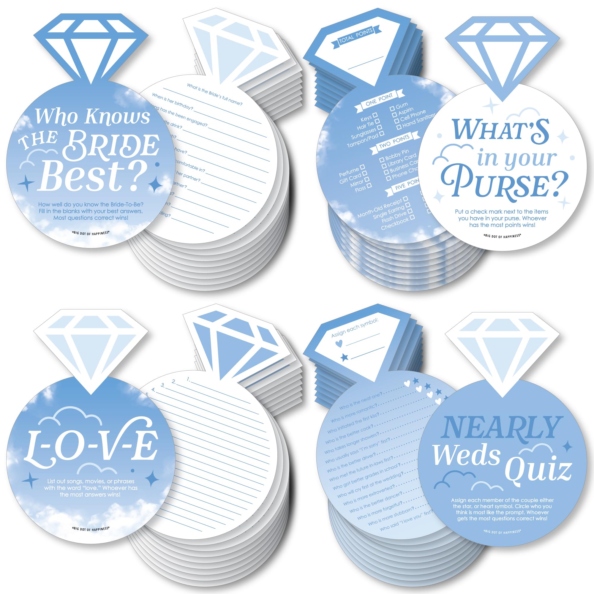 Big Dot of Happiness On Cloud 9-4 Bridal Shower Games - 10 Cards Each - Who Knows The Bride Best, Bride or Groom Quiz, Whats in Your Purse and Love - Gamerific Bundle