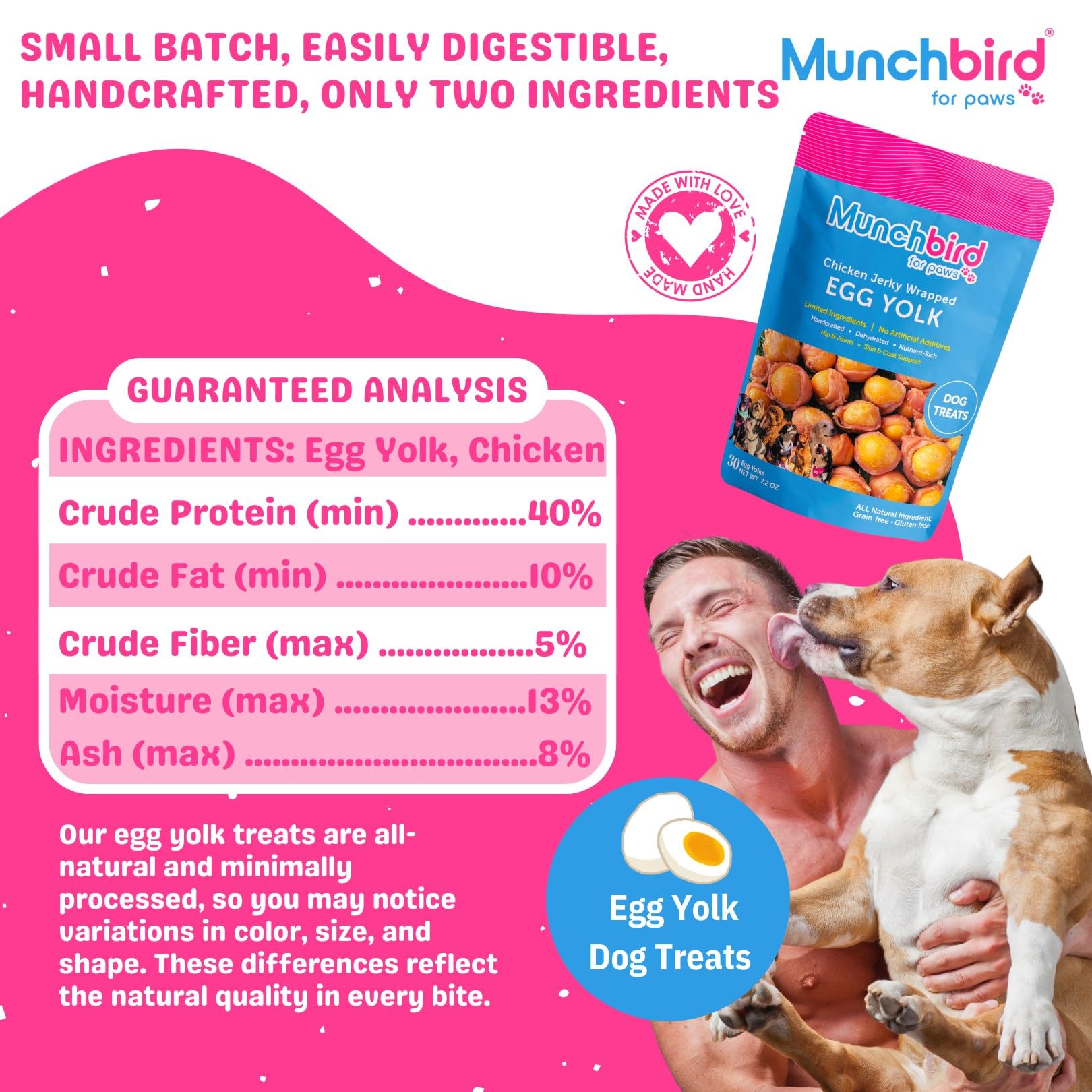 Munchbird Dehydrated Chicken Jerky Wrapped Egg Yolk Dog Treats, 100% Egg Yolk, Food Topper for Dogs, No Filler, Alternative to Freezed Dried Quail Egg Yolk, 7 OZ (Pack of 20 to 30 Egg yolks)