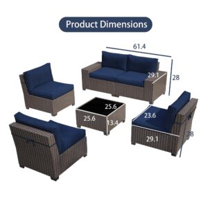 IDEALHOUSE 6 Pieces Outdoor Patio Sectional Sofa Couch, Brown PE Wicker Furniture Conversation Sets with Navy Blue Cushions & Glass Coffee Table for Garden, Poolside, Backyard (Square)