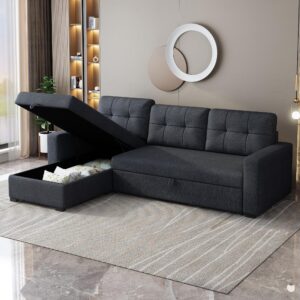 favfurish 81.5" sectional sleeper sofa with storage chaise, l shaped pull out couch bed with 3 removable back cushion for living room,apartment,office, dark grey