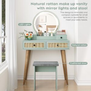 Brafab 31" Boho Natural Rattan Vanity Desk Set with 3 Modes Adjustable Lighted Mirror and Cushioned Stool, Modern Compact Design Makeup Table for Bedroom, Cute Dressing Table for Small Space, Mint