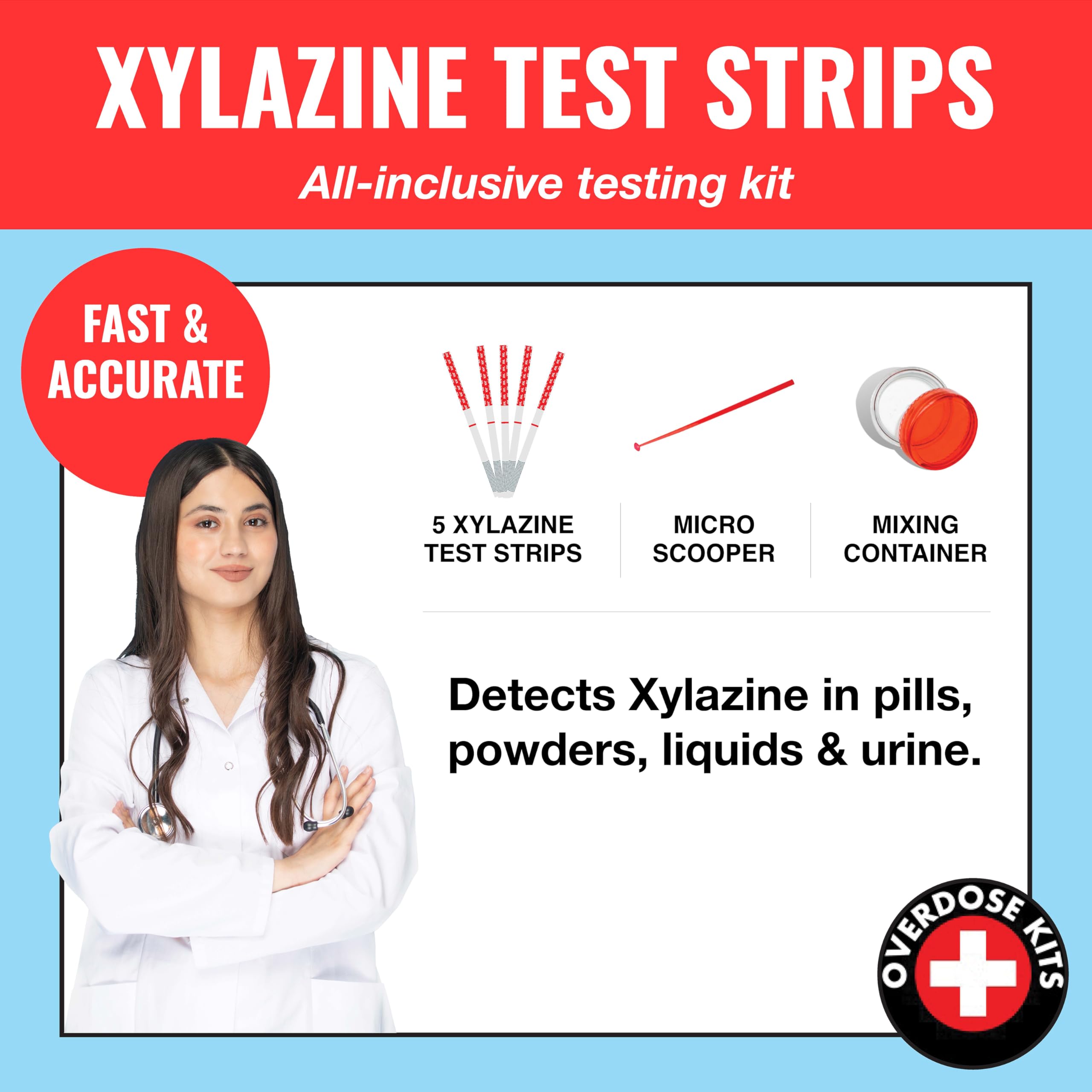 Xylazine Test Strip Kit (5 Pack) - Includes 5 Xylazine Test Strips, Mixing Container, 10mg Spoon and Instructions