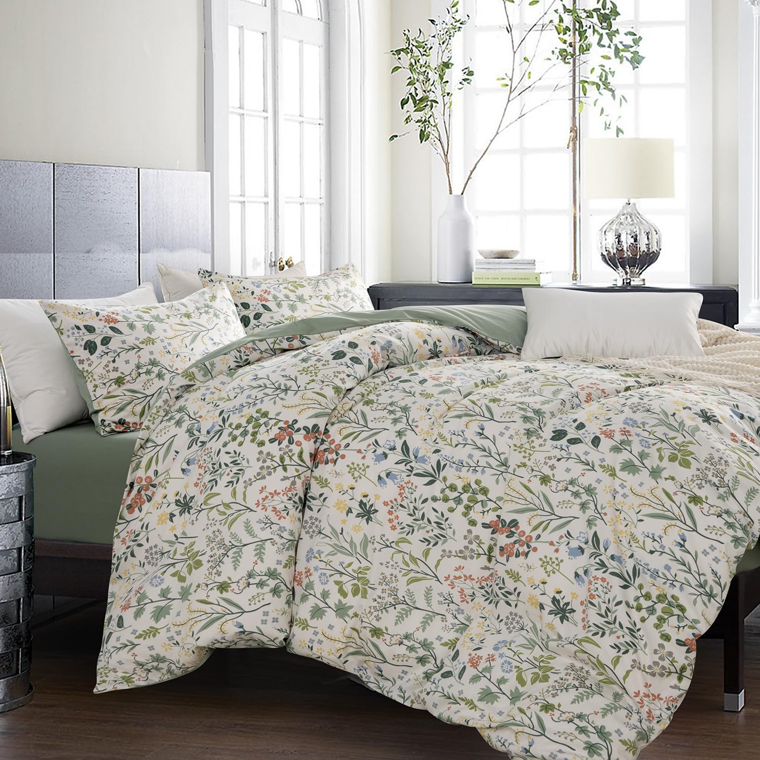 BUPIRD Floral Twin Duvet Cover 100% Soft Cotton 3 Pieces Flower Bedding Set for Girls Fresh Chic Garden Style Green Botanical Floral Pattern Printed Twin Flower Duvet Cover, with Zipper Closure