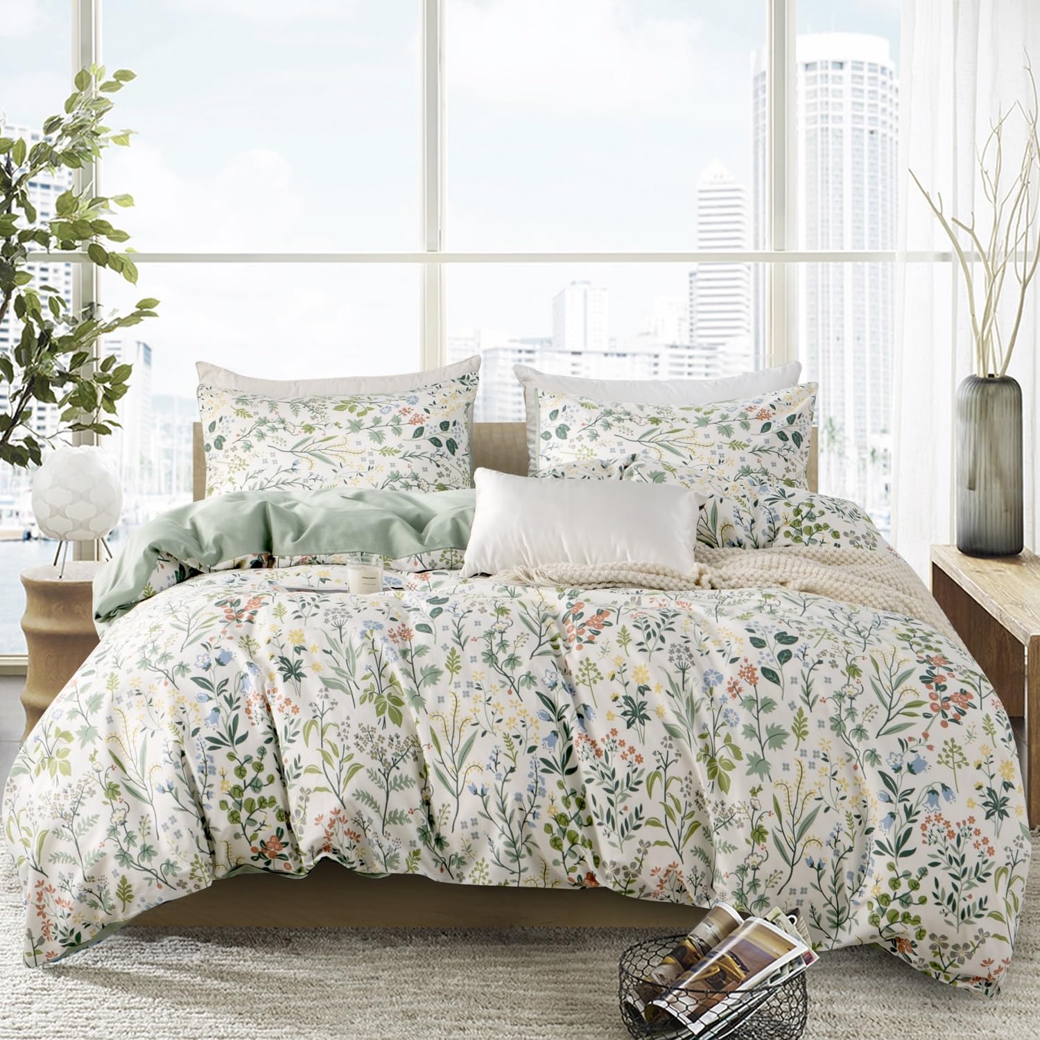 BUPIRD Floral Twin Duvet Cover 100% Soft Cotton 3 Pieces Flower Bedding Set for Girls Fresh Chic Garden Style Green Botanical Floral Pattern Printed Twin Flower Duvet Cover, with Zipper Closure