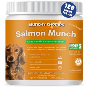 munchy chomps salmon oil for dogs - coat health & immunity boost with omega 3 fatty acids & antioxidants - promotes radiant coat & skin protection (chicken)