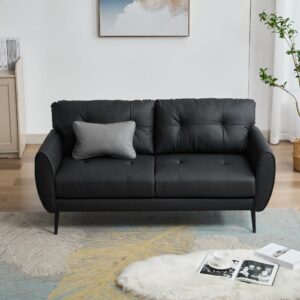 TYBOATLE Sofa Couch 61" Small Loveseat Couches for Living Room Leather Couch Mid Century Modern Tufted Mini Sofa Comfy Office 2 Seat Settee Love Seat Small Couches for Small Spaces Bedroom (1, Black)