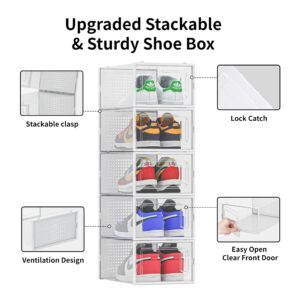 12 Pack Shoe Organizer Storage Bins, Clear Plastic Stackable Shoe Boxes for Closet, Space Saving Foldable Shoe Storage Bins, Sneaker Storage Shoe Box Container, White Frame