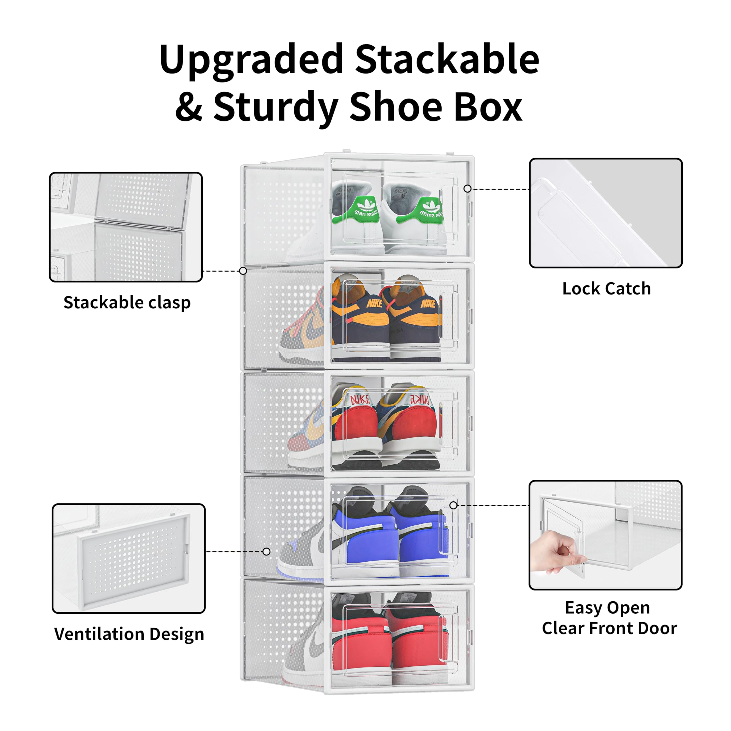 12 Pack Shoe Organizer Storage Bins, Clear Plastic Stackable Shoe Boxes for Closet, Space Saving Foldable Shoe Storage Bins, Sneaker Storage Shoe Box Container, White Frame