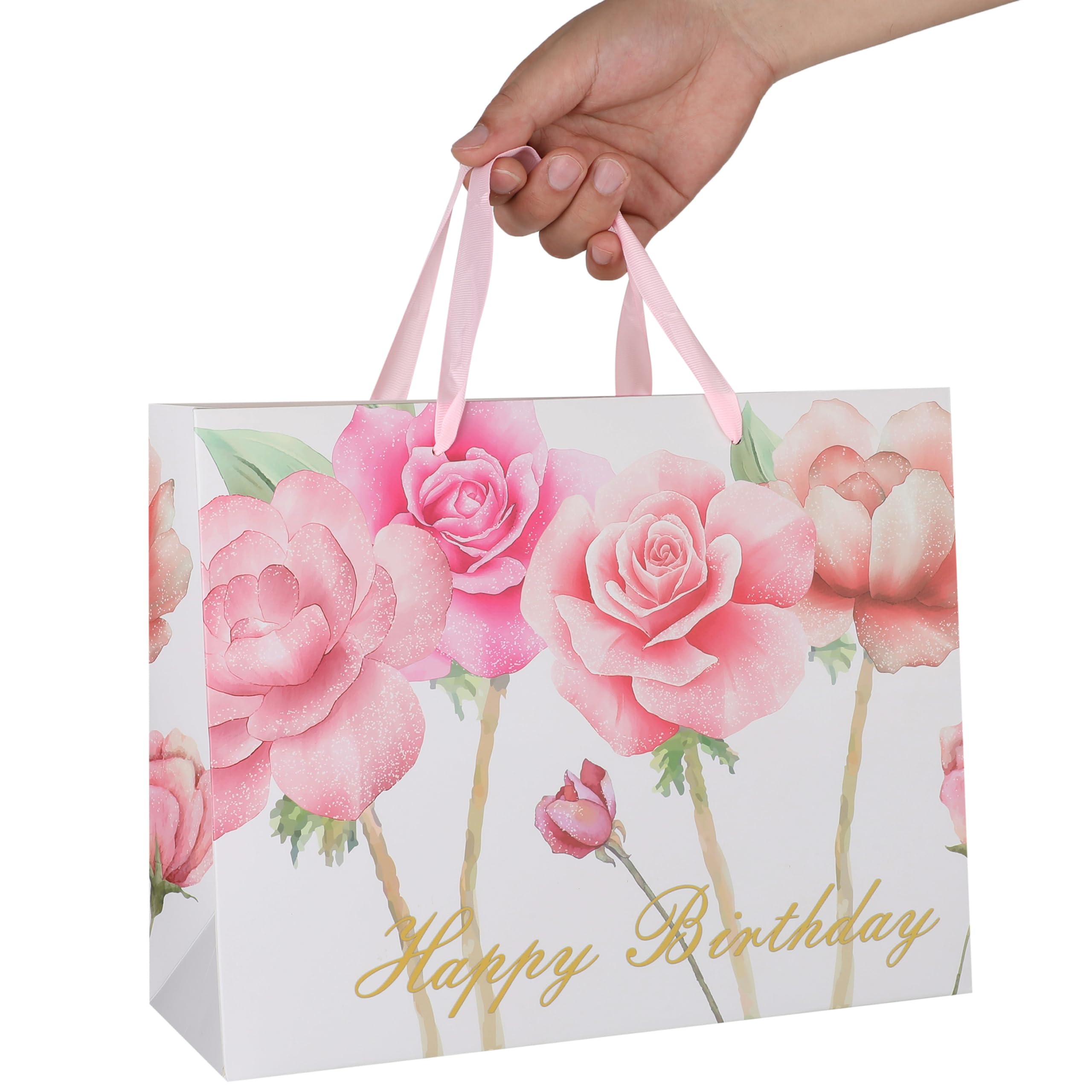 13" Large Pink Gift Bag Set with Greeting Card and Tissue Papers (Roses Design) Women's Birthday Party, Girls' Parties, Baby Shower, Baby Girl - 13”x5.2”x10.2”, 1 Pcs.