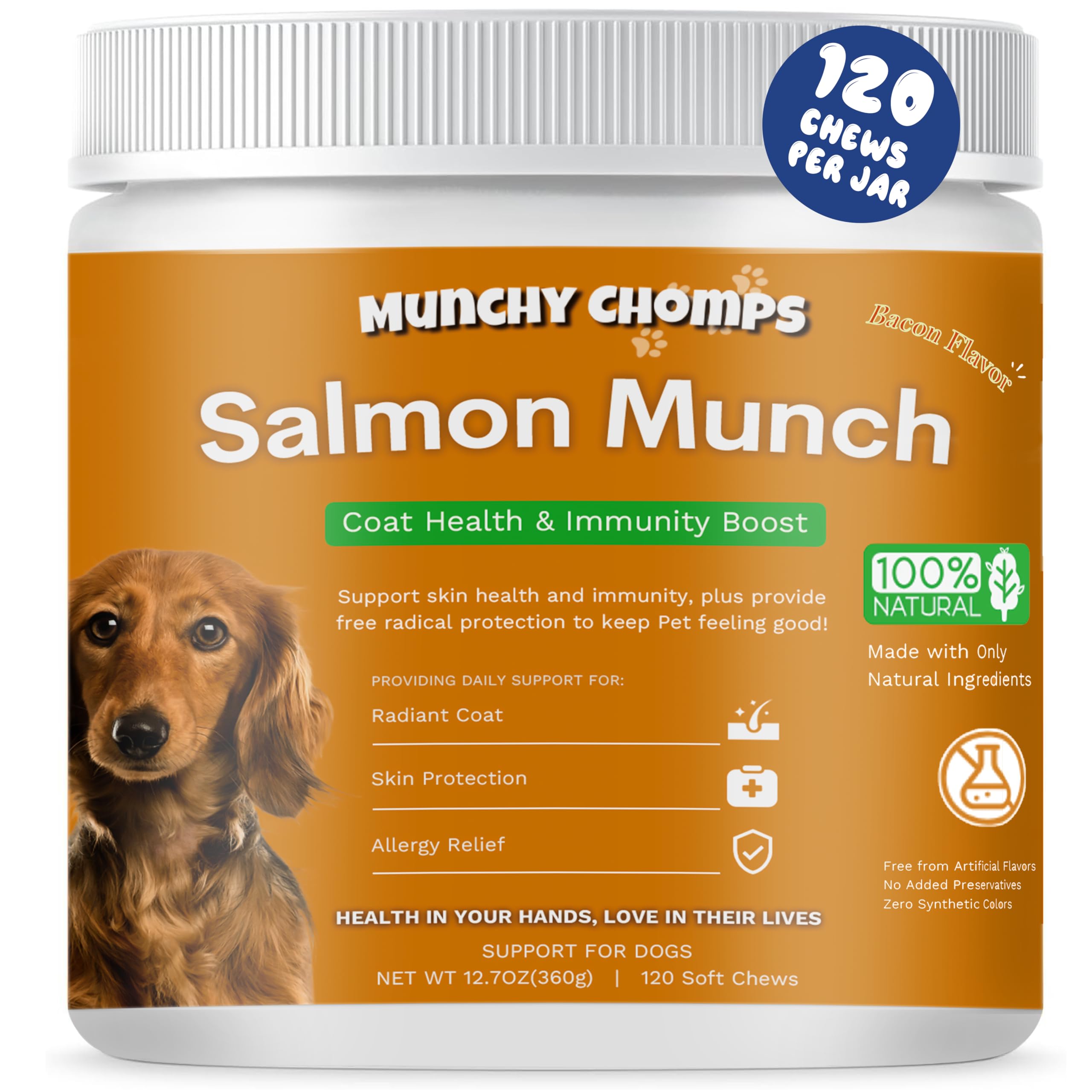 Munchy Chomps Salmon Oil for Dogs - Coat Health & Immunity Boost with Omega 3 Fatty Acids & Antioxidants - Promotes Radiant Coat & Skin Protection (Bacon)