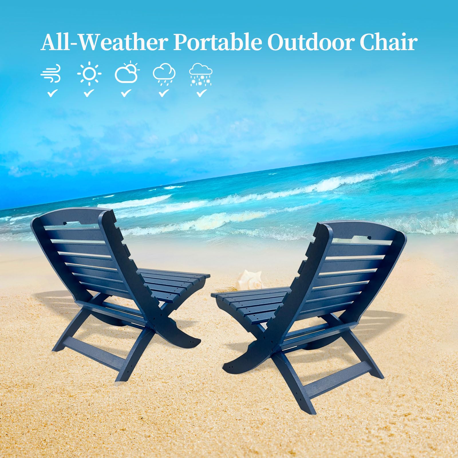 VSMKSJ All-Weather Portable Adirondack Chairs Set of 2,HDPE Plastic Xavier Chair,FirePit Chairs, Navy Blue