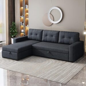 Favfurish 81.5" Sectional Sleeper Sofa with Storage Chaise, L Shaped Pull Out Couch Bed with 3 Removable Back Cushion for Living Room,Apartment,Office, Dark Grey