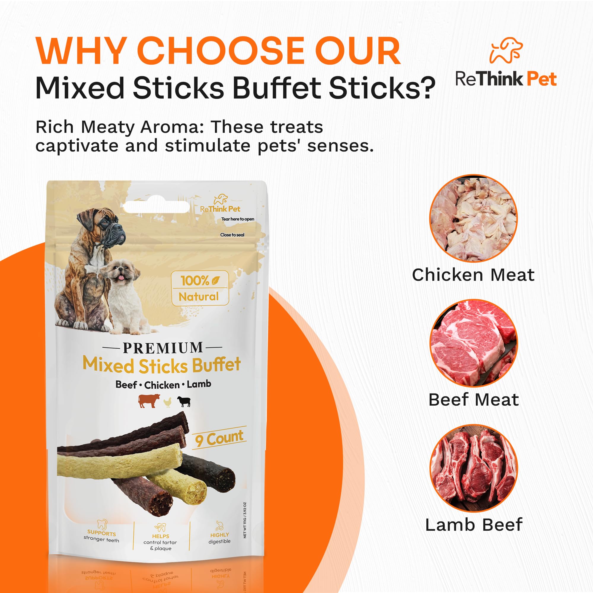 ReThink Pet Pack of 9 Rawhide Sticks Protein Rich with Beef, Lamb & Chicken, All Natural, Healthy, Great Tasting Special Reward as Dog Treats, Long Lasting Dog Chew, Suitable for Puppy Small Dogs