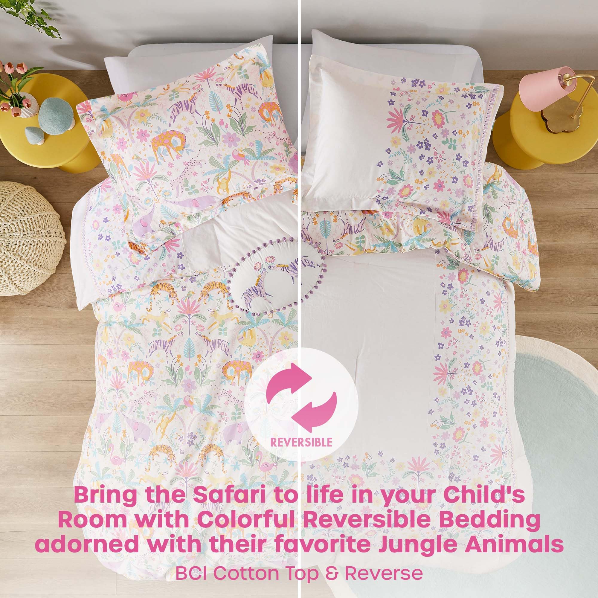 Urban Habitat Kids Queen Duvet Cover Set, Favorite Jungle Animals Fun Safari Adventures, BCI Cotton Comforter, All Sasons Bedding Reversible Duvet Cover, Sham & Pillow, Lulu, Full/Queen Purple 4 Piece