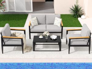 outdoor aluminum furniture set,4 piece patio conversation sets,removable & washable cushion,ink color tempered glass table light grey