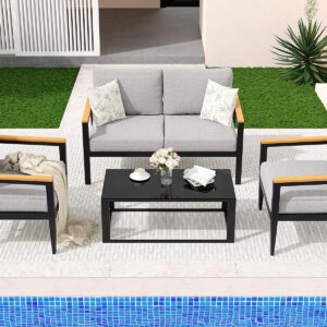 Outdoor Aluminum Furniture Set,4 Piece Patio Conversation Sets,Removable & Washable Cushion,Ink Color Tempered Glass Table Light Grey