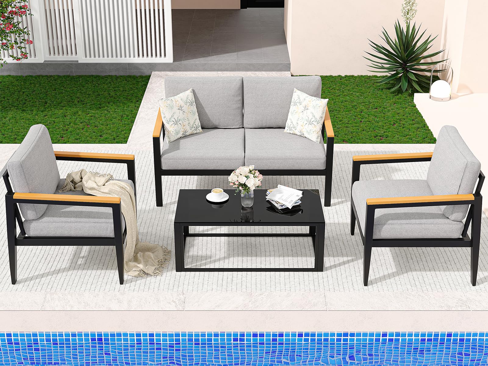 Outdoor Aluminum Furniture Set,4 Piece Patio Conversation Sets,Removable & Washable Cushion,Ink Color Tempered Glass Table Light Grey