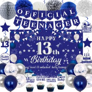 13th birthday decorations for boys girls, blue silver official teenager party decorations, happy 13th birthday backdrop, banner, balloons, pompoms, hanging swirls, birthday card, cake topper set 54pcs