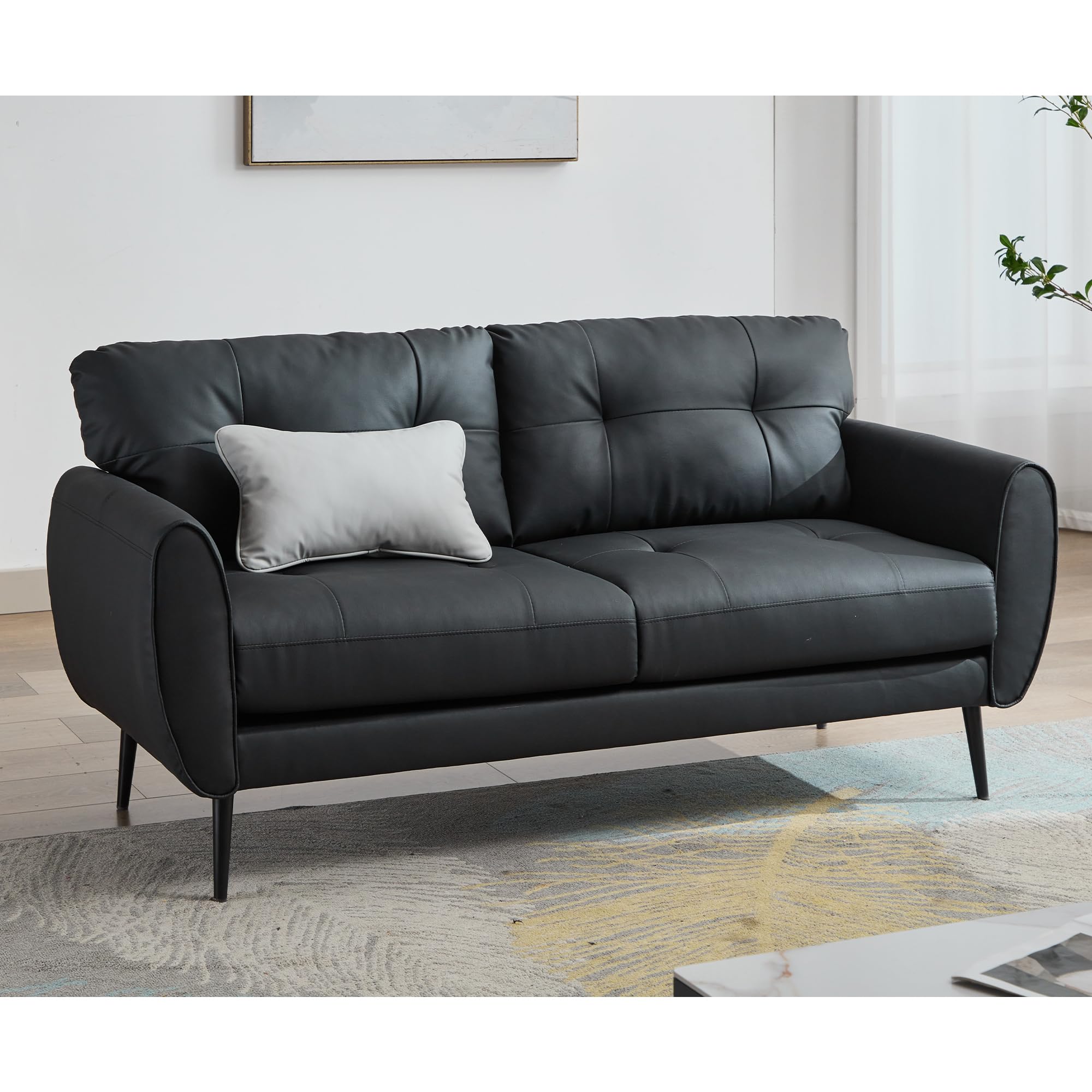 TYBOATLE Sofa Couch 61" Small Loveseat Couches for Living Room Leather Couch Mid Century Modern Tufted Mini Sofa Comfy Office 2 Seat Settee Love Seat Small Couches for Small Spaces Bedroom (1, Black)