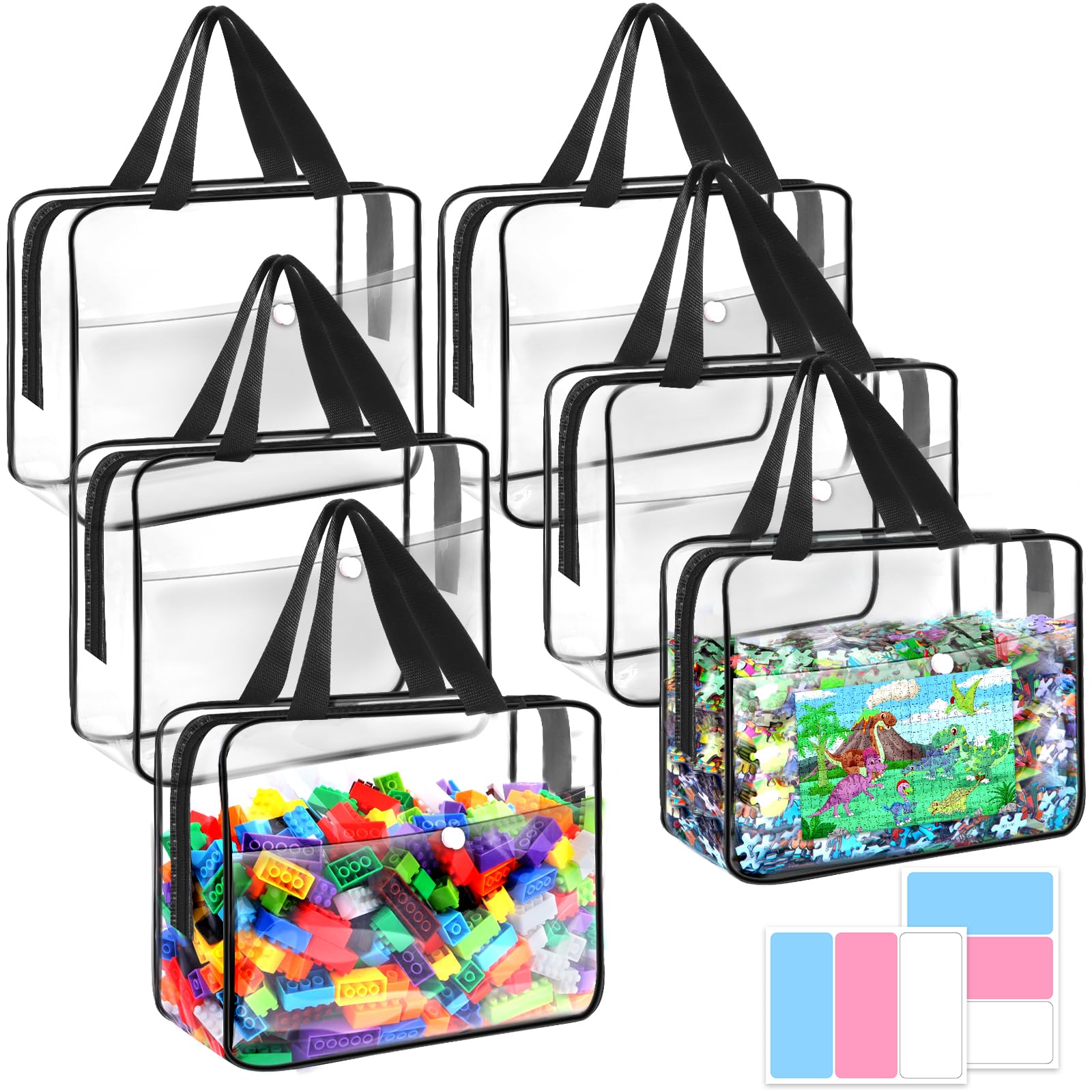 BFPT 6 Packs Toy Storage Bags Large with Zipper and Labels(6Pcs), PVC Waterproof Organizers Toy Bags for Board Games, Puzzles Pieces, Building Blocks, Handmade Accessories, Kid Books