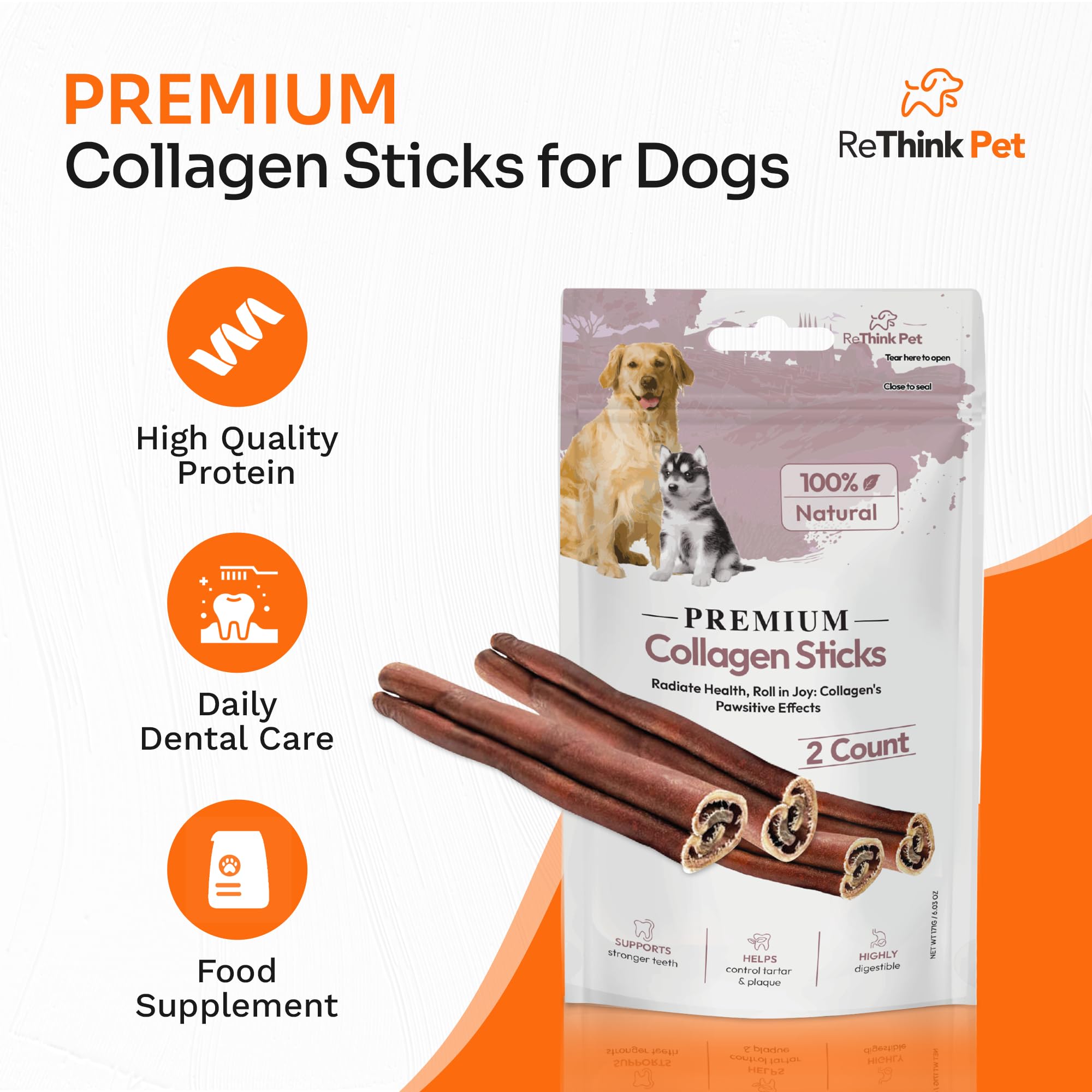 ReThink Pet Premium 2pcs Collagen Sticks for Dogs, All Natural Dog Collagen Sticks, Great Tasting to Support Healthy Skin & Shiny Coats, Highly Digestible, Beef Collagen Chews for Dogs, Collagen Chew