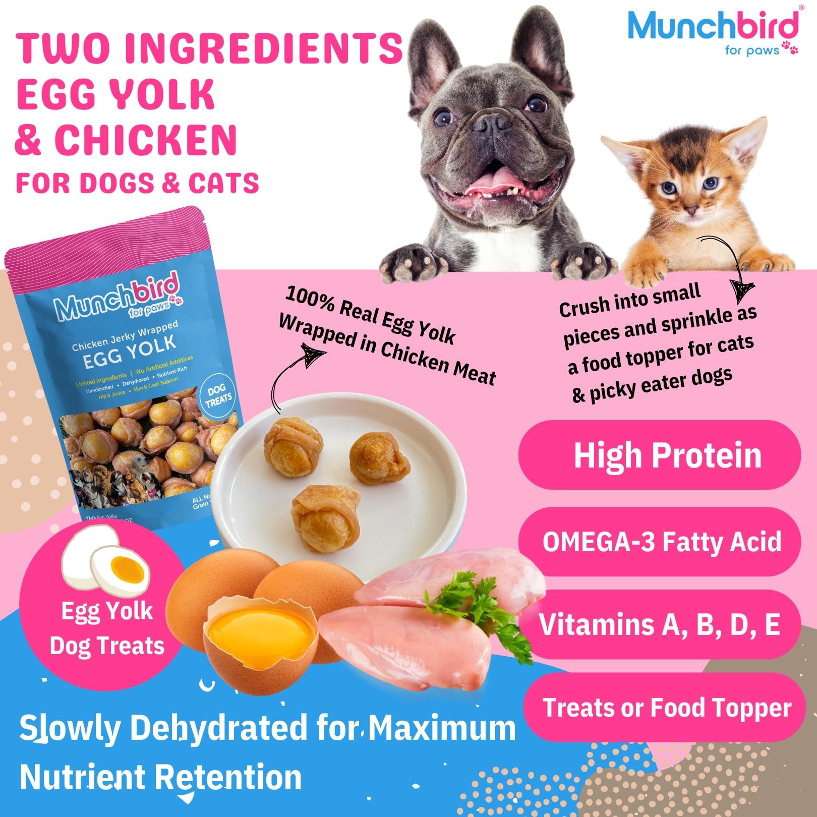 Munchbird Dehydrated Chicken Jerky Wrapped Egg Yolk Dog Treats, 100% Egg Yolk, Food Topper for Dogs, No Filler, Alternative to Freezed Dried Quail Egg Yolk, 7 OZ (Pack of 20 to 30 Egg yolks)