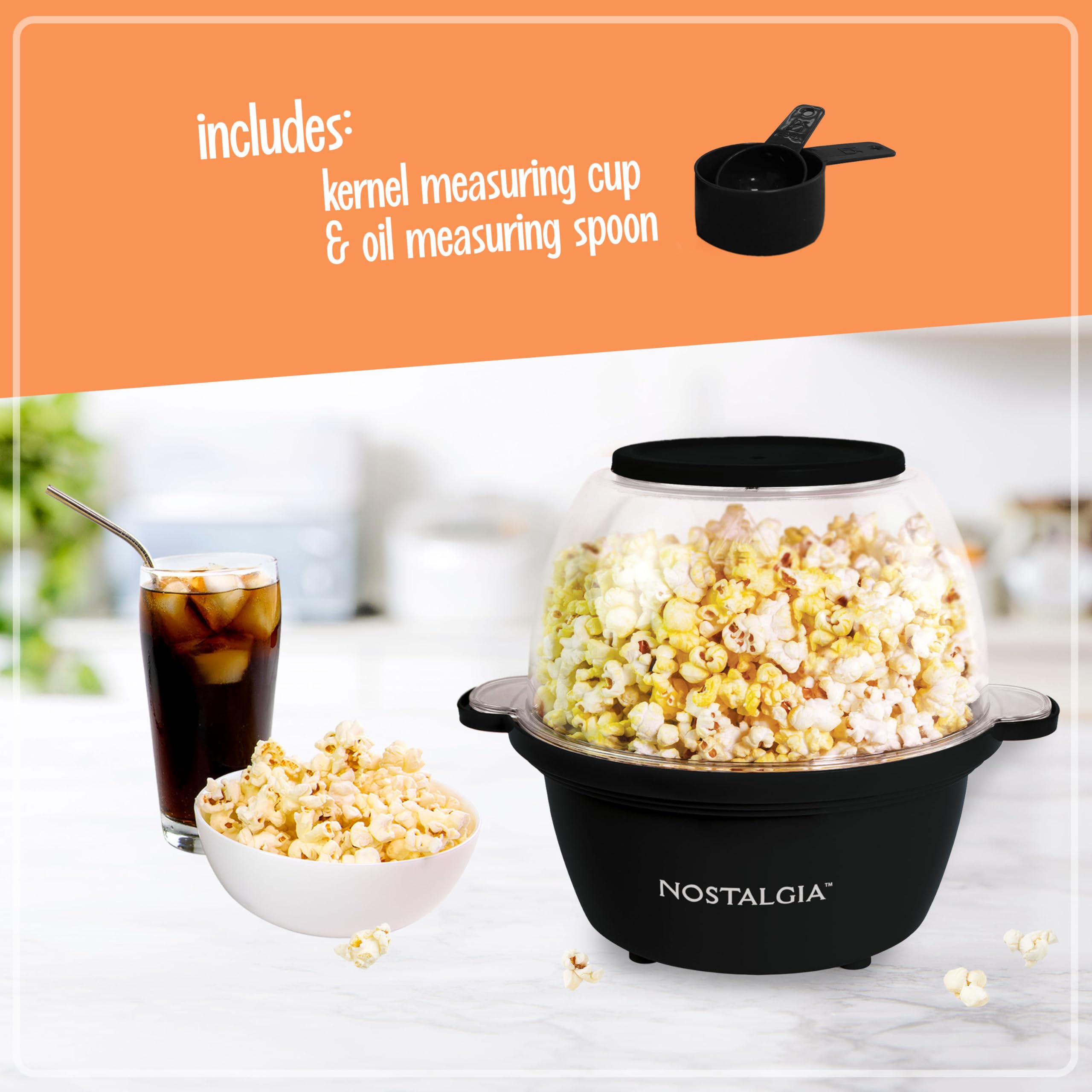 Nostalgia 2-Quart Stirring Popcorn Popper - Quick-Heat Technology - Makes 8 Cups of Popcorn - Includes Kernel Measuring Cup - Perfect for Birthday Parties, Movie Nights, and More - Black