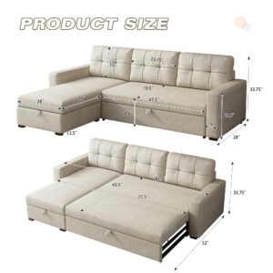 YOPTO 81.5" L-Shape Upholstered Sleeper Sectional Sofa with Storage Chaise & Pull Out Bed,Convertible Corner Couch Bed W/ 3 Removable Back Cushions for Living Room,Office,Beige