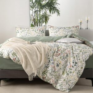 BUPIRD Floral Twin Duvet Cover 100% Soft Cotton 3 Pieces Flower Bedding Set for Girls Fresh Chic Garden Style Green Botanical Floral Pattern Printed Twin Flower Duvet Cover, with Zipper Closure