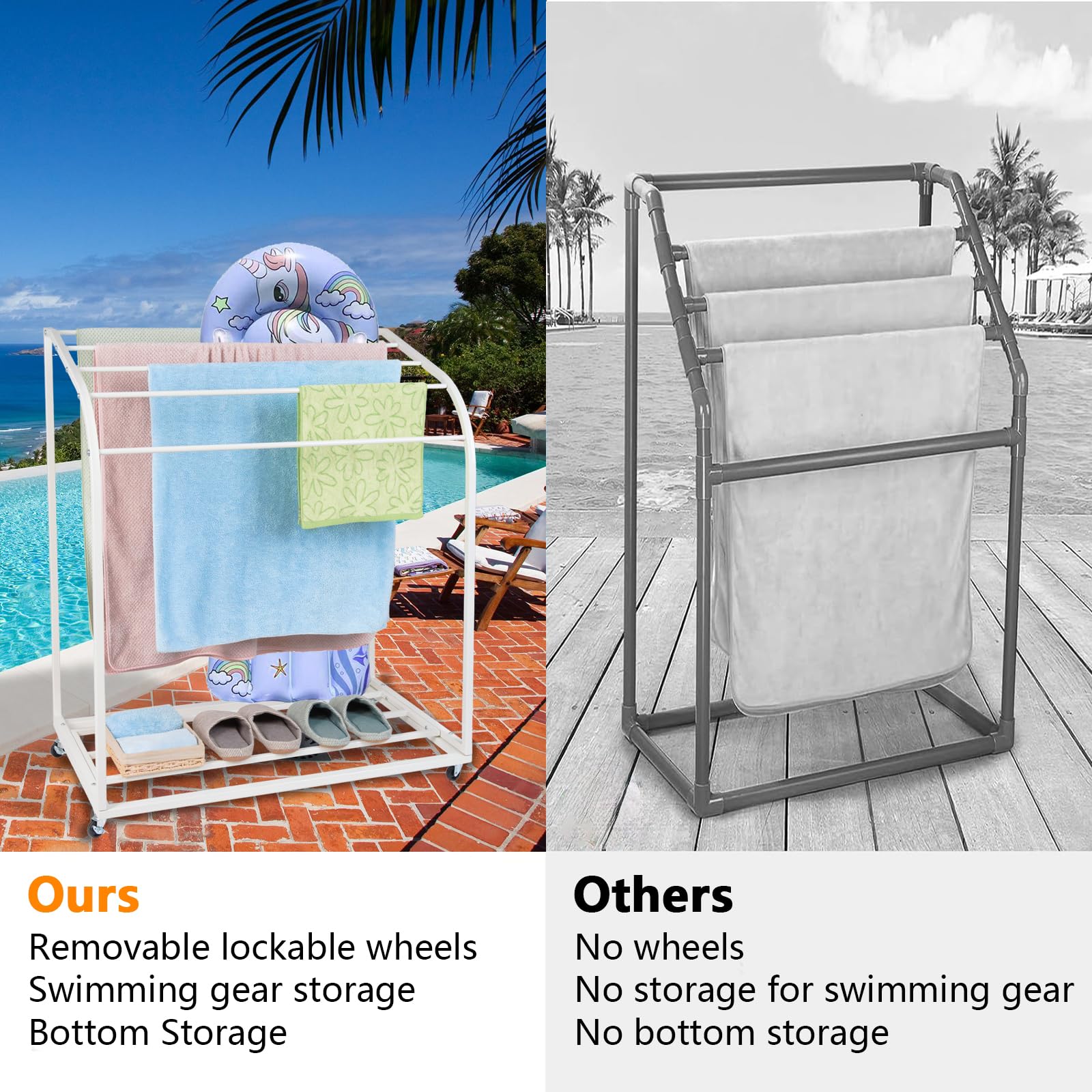 GAOMON Pool Towel Rack,Outdoor PVC Trapedozal Poolside Storage Organizer,5 Bar,Outdoor Towel Rack with Wheels,Pool Towel Holder,Stores Floats and Paddles, Towel Stand for Beach,Pool,Indoor,White