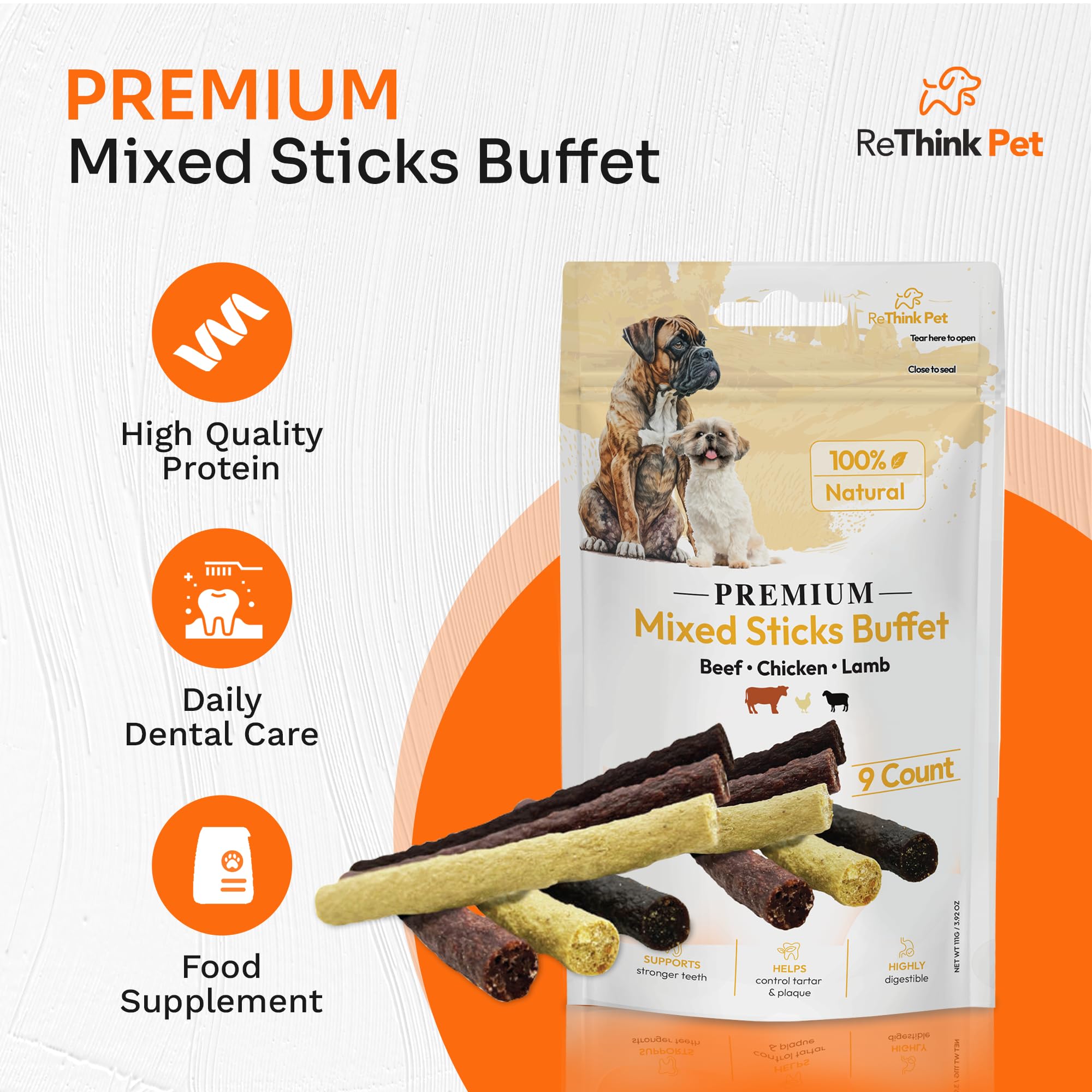 ReThink Pet Pack of 9 Rawhide Sticks Protein Rich with Beef, Lamb & Chicken, All Natural, Healthy, Great Tasting Special Reward as Dog Treats, Long Lasting Dog Chew, Suitable for Puppy Small Dogs