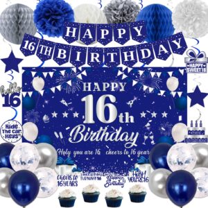 16th birthday decorations for boys girls, blue silver sweet 16th birthday party decorations, happy 16th birthday backdrop, banner, balloons, pompoms, hanging swirls, birthday card, cake topper 54pcs