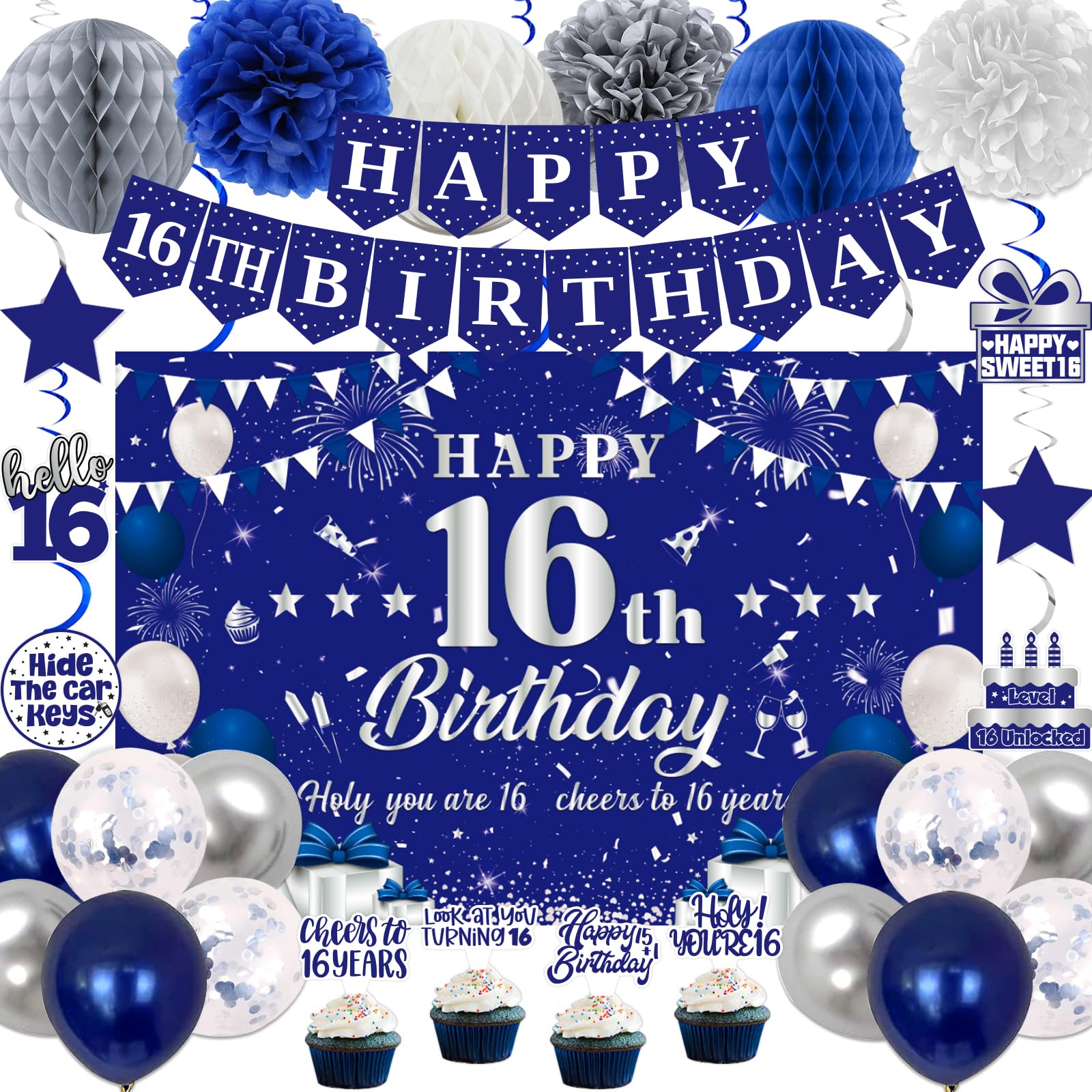 16th Birthday Decorations for Boys Girls, Blue Silver Sweet 16th Birthday Party Decorations, Happy 16th Birthday Backdrop, Banner, Balloons, Pompoms, Hanging Swirls, Birthday Card, Cake Topper 54pcs