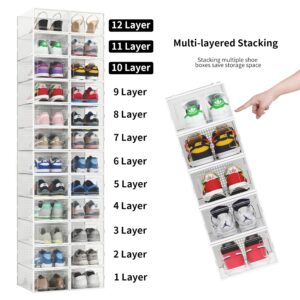 12 Pack Shoe Organizer Storage Bins, Clear Plastic Stackable Shoe Boxes for Closet, Space Saving Foldable Shoe Storage Bins, Sneaker Storage Shoe Box Container, White Frame