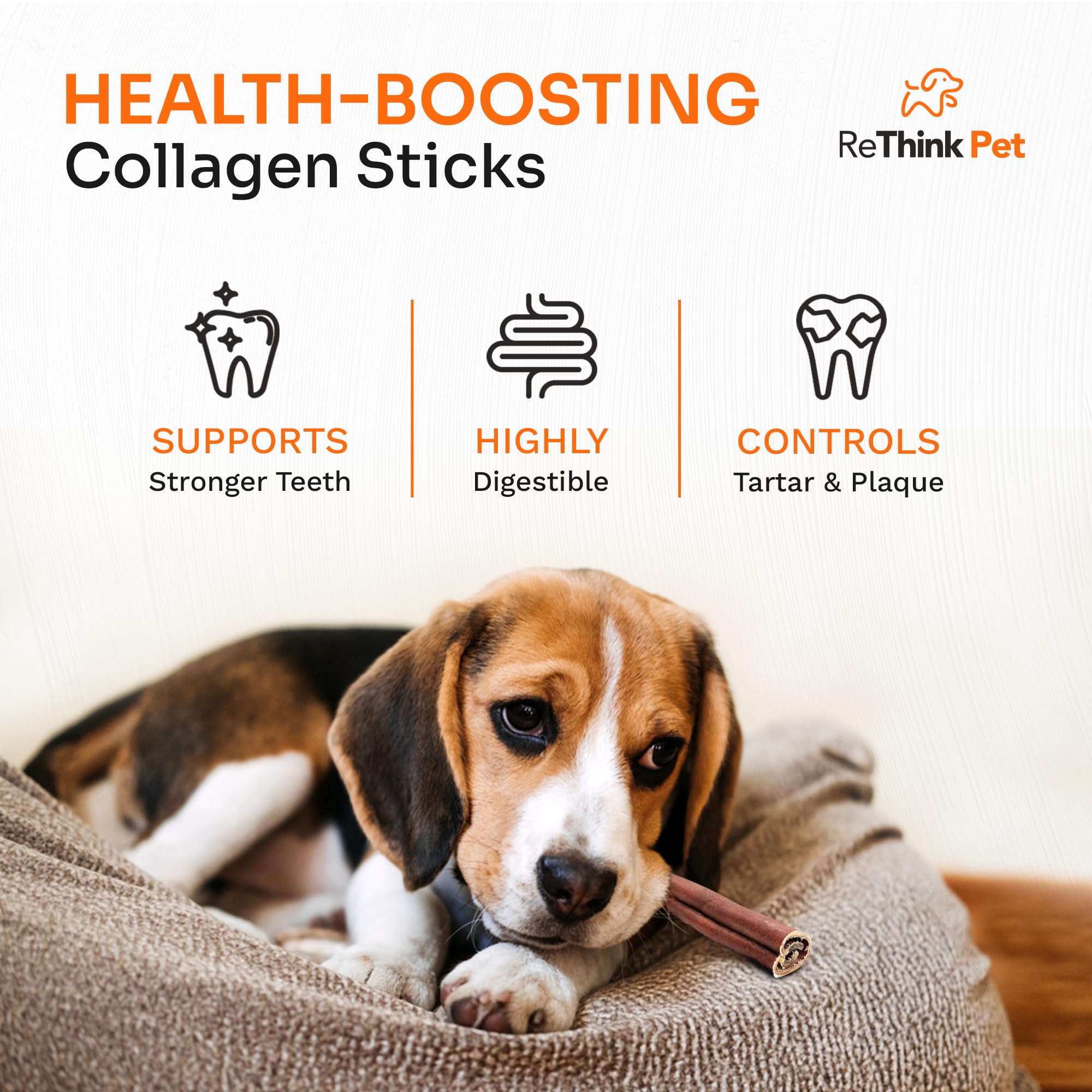 ReThink Pet Premium 2pcs Collagen Sticks for Dogs, All Natural Dog Collagen Sticks, Great Tasting to Support Healthy Skin & Shiny Coats, Highly Digestible, Beef Collagen Chews for Dogs, Collagen Chew