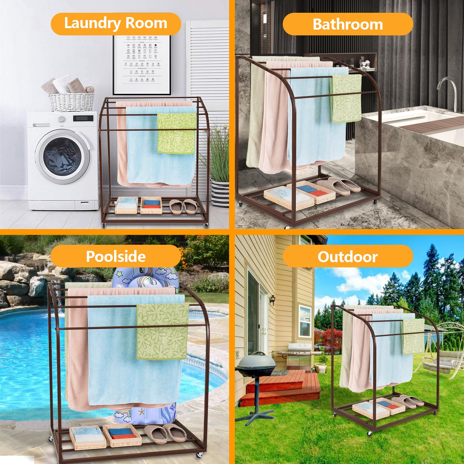 GAOMON Pool Towel Rack,Outdoor PVC Trapedozal Poolside Storage Organizer,5 Bar,Outdoor Towel Rack with Wheels,Pool Towel Holder,Stores Floats and Paddles, Towel Stand for Beach,Pool,Indoor,Brown