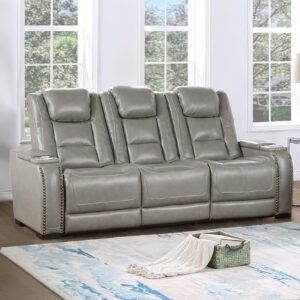 New Classic Furniture Breckenridge Leather Sofa with Power Footrest and Headrest, Light Gray