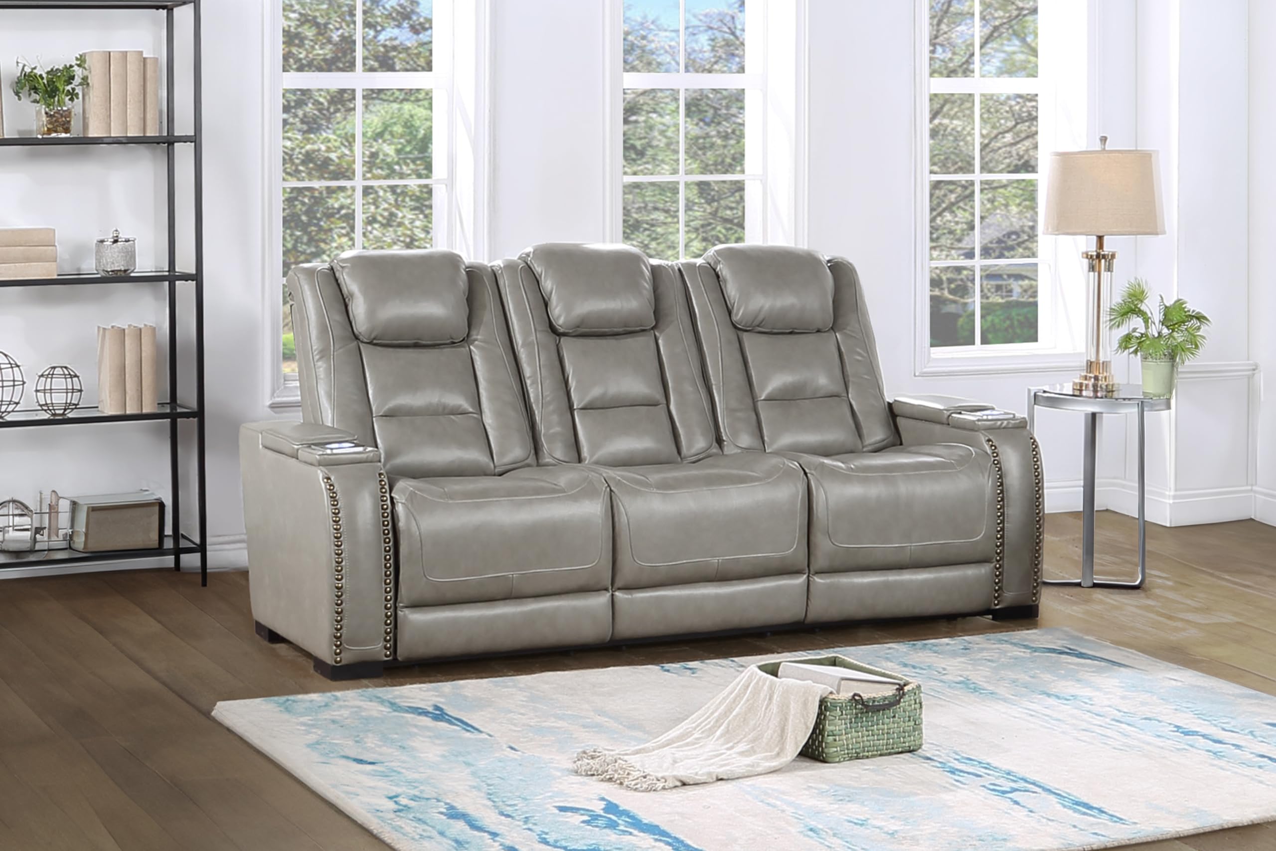 New Classic Furniture Breckenridge Leather Sofa with Power Footrest and Headrest, Light Gray