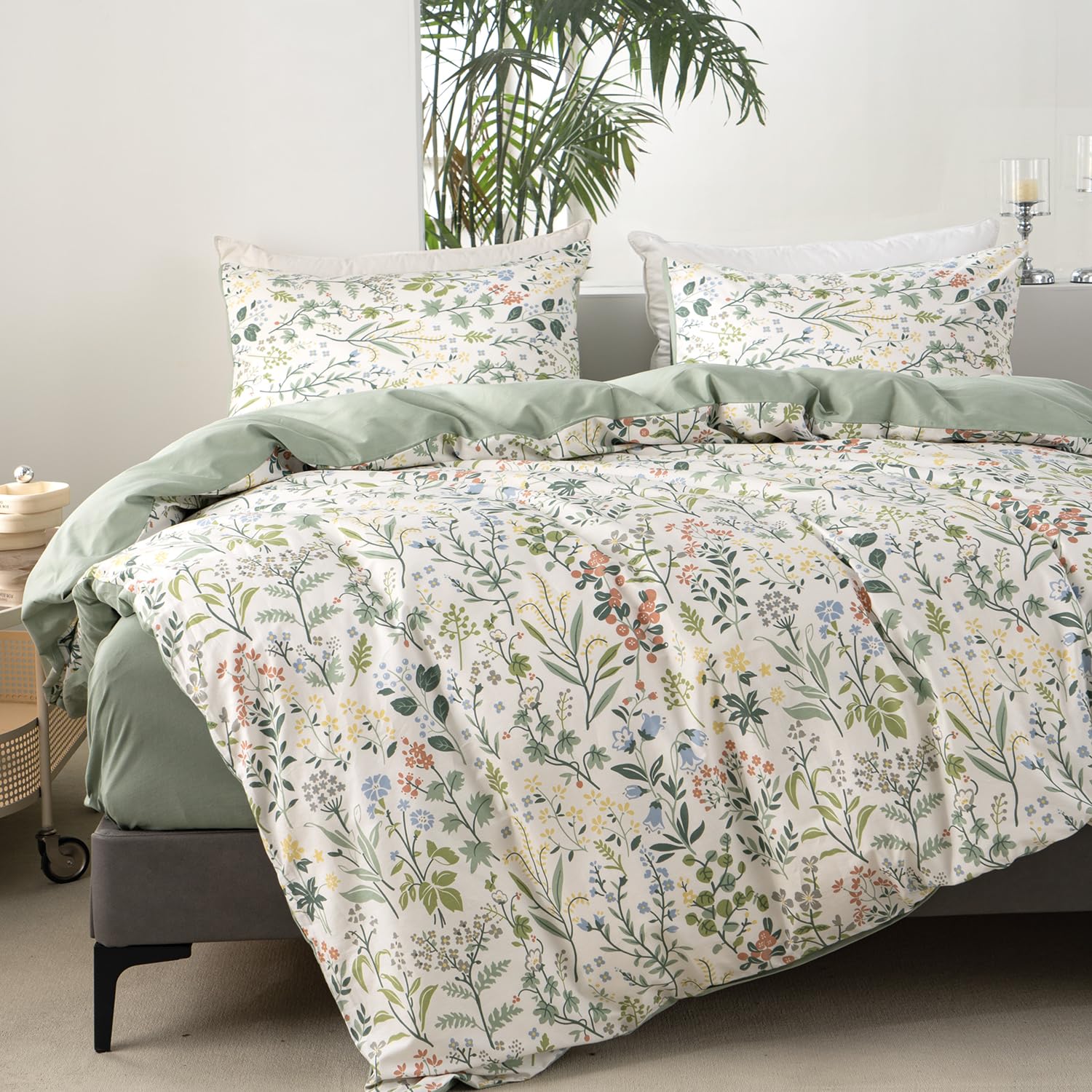 BUPIRD Floral Twin Duvet Cover 100% Soft Cotton 3 Pieces Flower Bedding Set for Girls Fresh Chic Garden Style Green Botanical Floral Pattern Printed Twin Flower Duvet Cover, with Zipper Closure