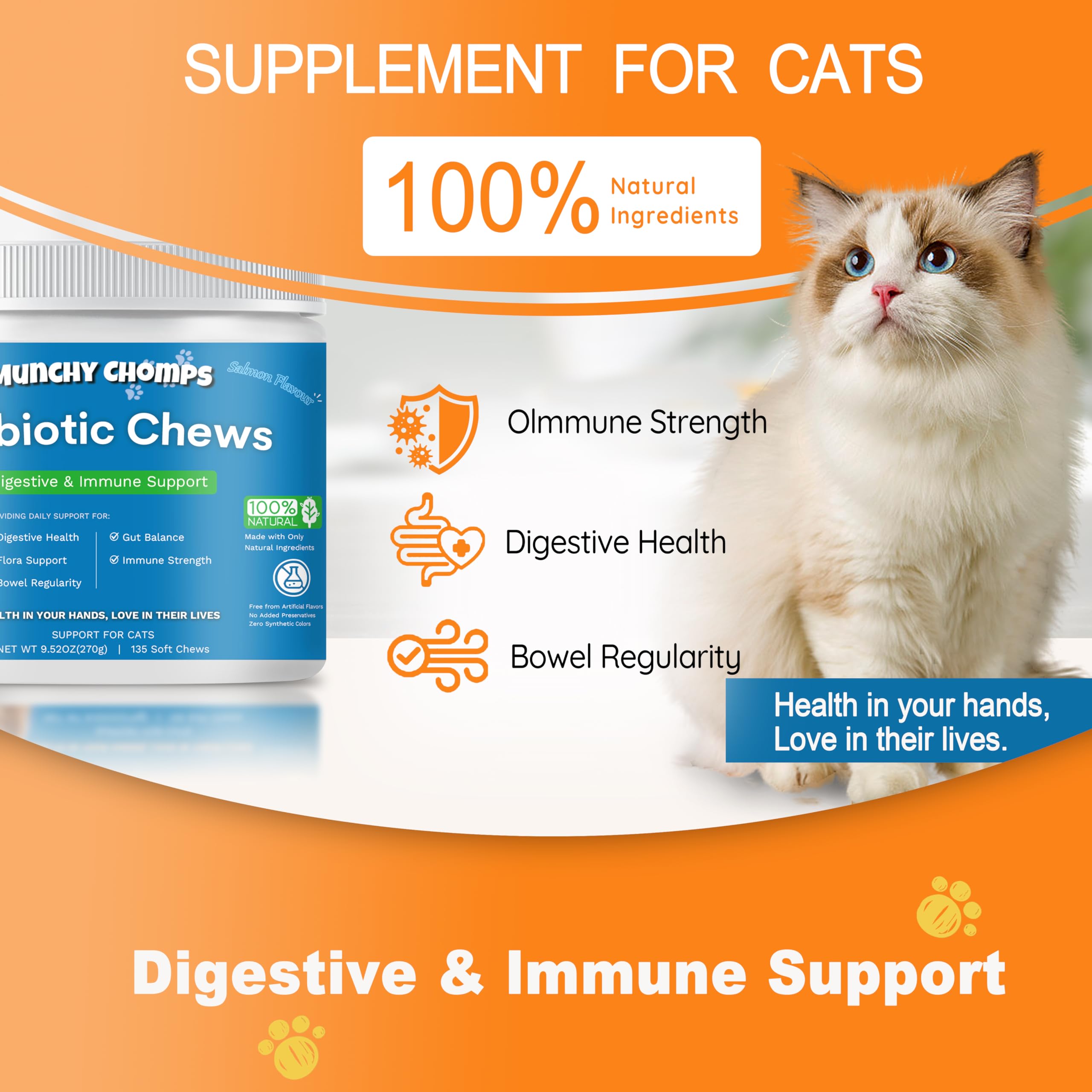 Munchy Chomps Probiotic Chews for Cats - Digestive & Immune Support with Prebiotics, Postbiotics & Enzymes - Promotes Gut Balance & Bowel Regularity (Salmon)