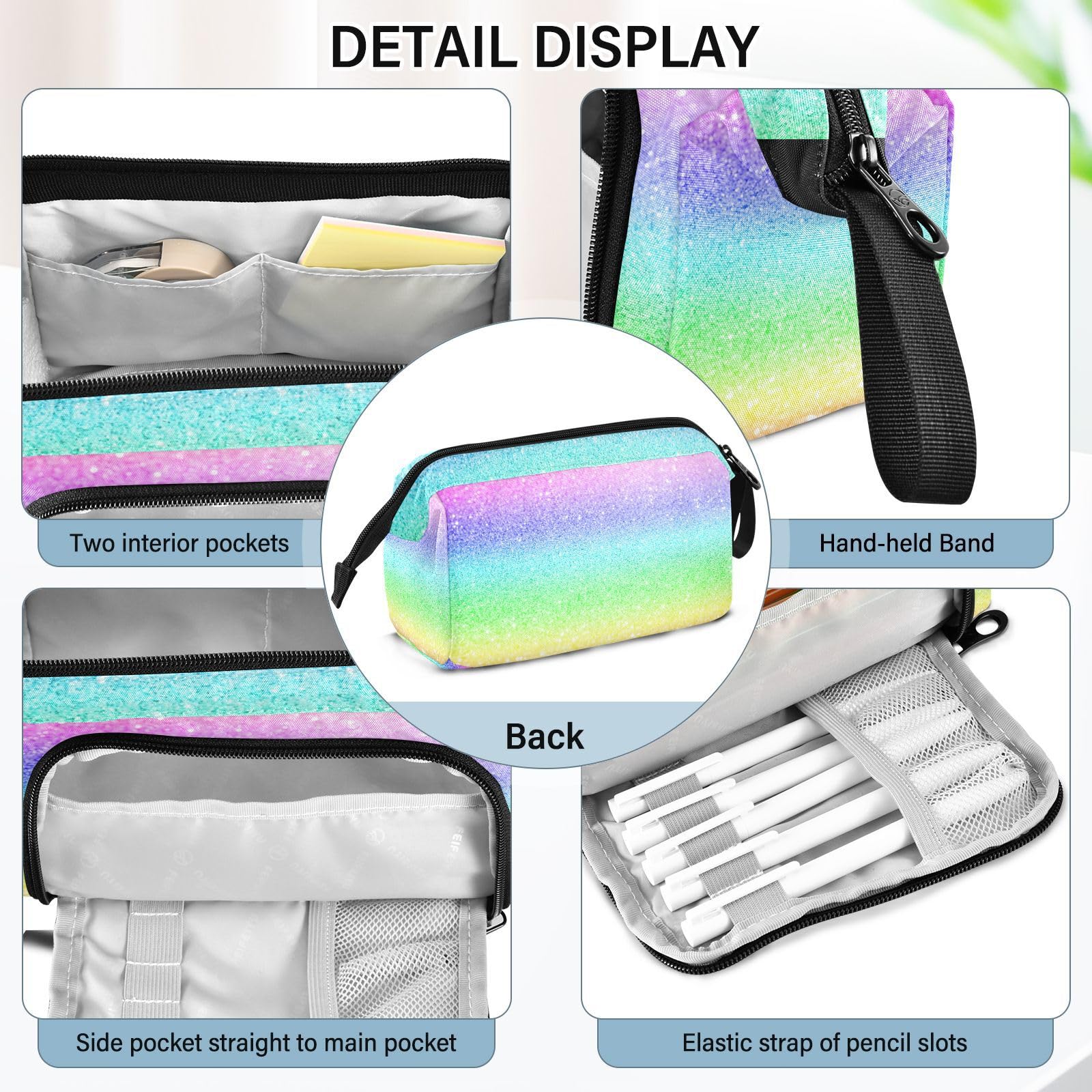 Yasala Pencil Case Gradient Glitter Rainbow Sparkle Pen Pouch Holder Art Kits Storage Bag Cosmetic Organizer Carrying Case for Office Supplies Travel Bag for Makeup Large Stationary Bag with Handle