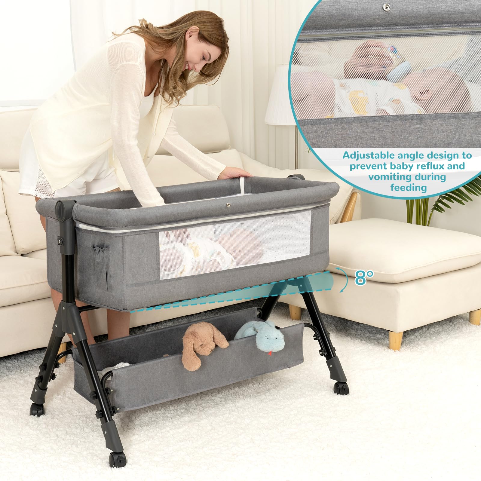 3 in 1 Baby Bassinet Bedside Sleeper, Bedside Crib for Baby, Adjustable Baby Bassinet with Wheels, Storage Basket, Mattress, Easy Assemble & Folding Portable Baby Cradle (Grey)