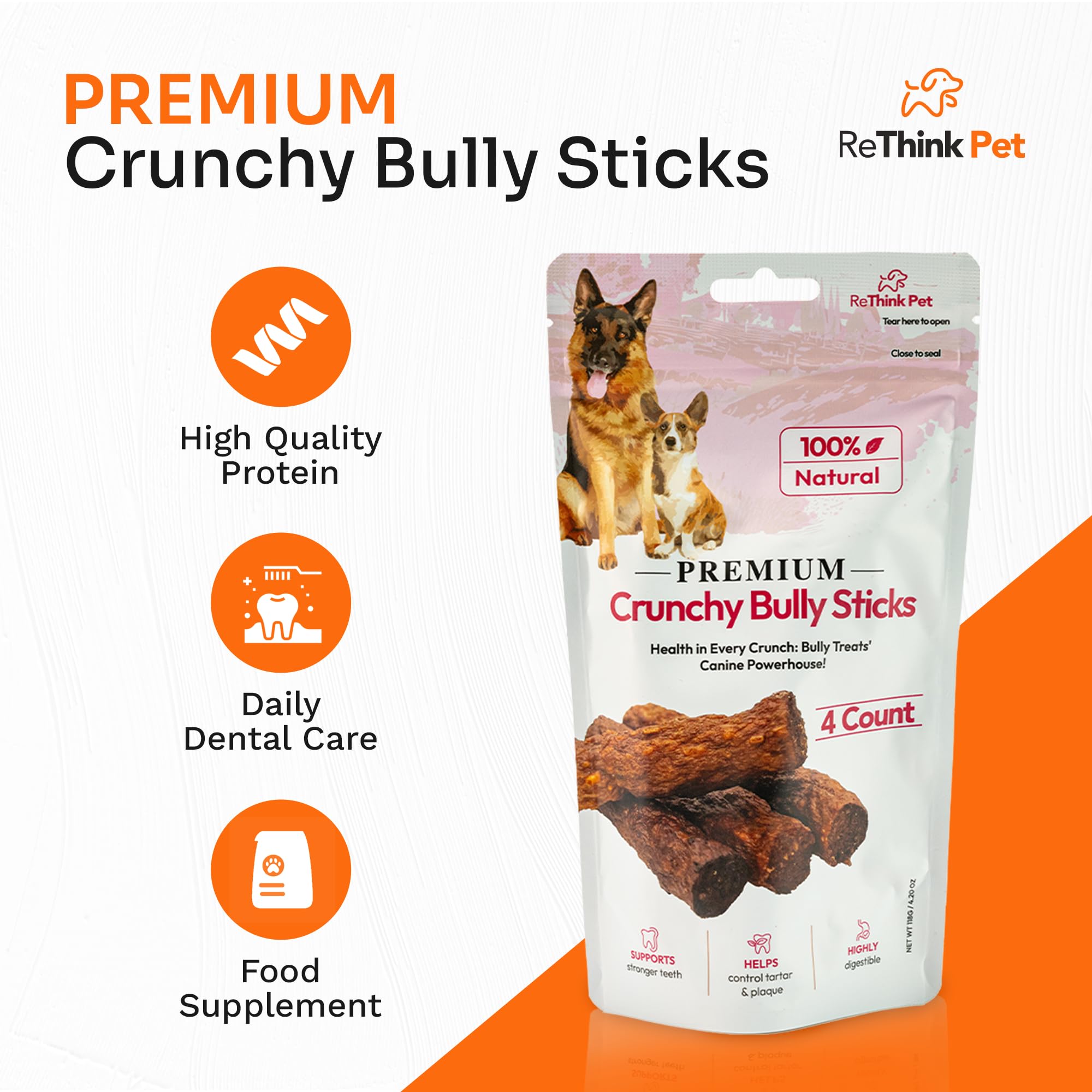 ReThink Pet 4 Pcs Premium Crunchy Bully Sticks for Dogs, All Natural Beef Dog Chews, Training Treats for Dogs, Bully Sticks for Aggressive Chewers, Best Dog Treat, Dog Treats for Medium to Small Dogs