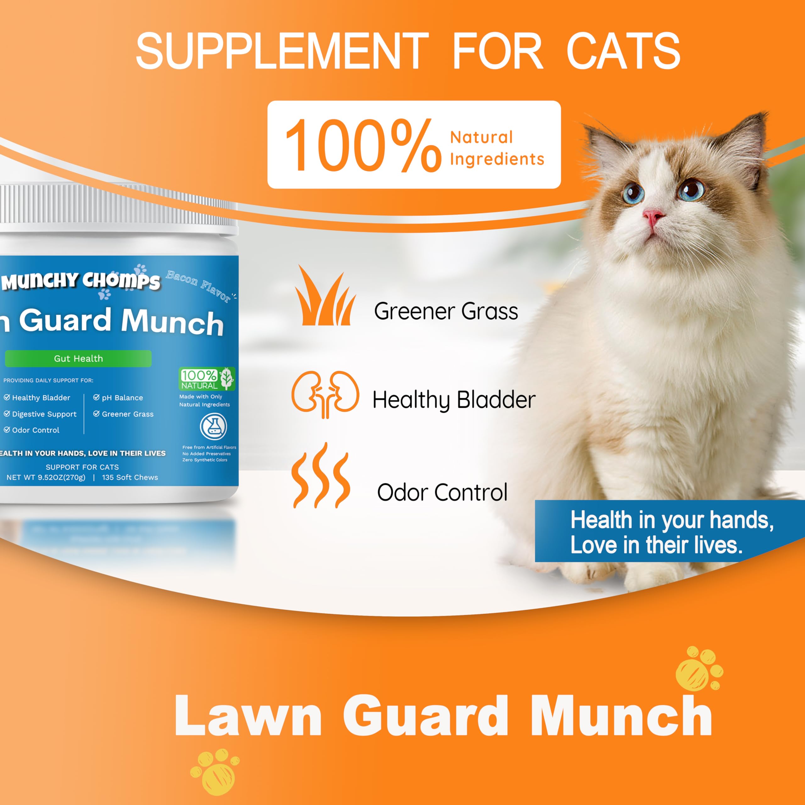 Munchy Chomps Lawn Guard Munch for Cats - Supports Urinary Tract & Gut Health - Prevents Yellow Spots on Grass - with DL-Methionine, Fiber & Probiotics (Bacon)