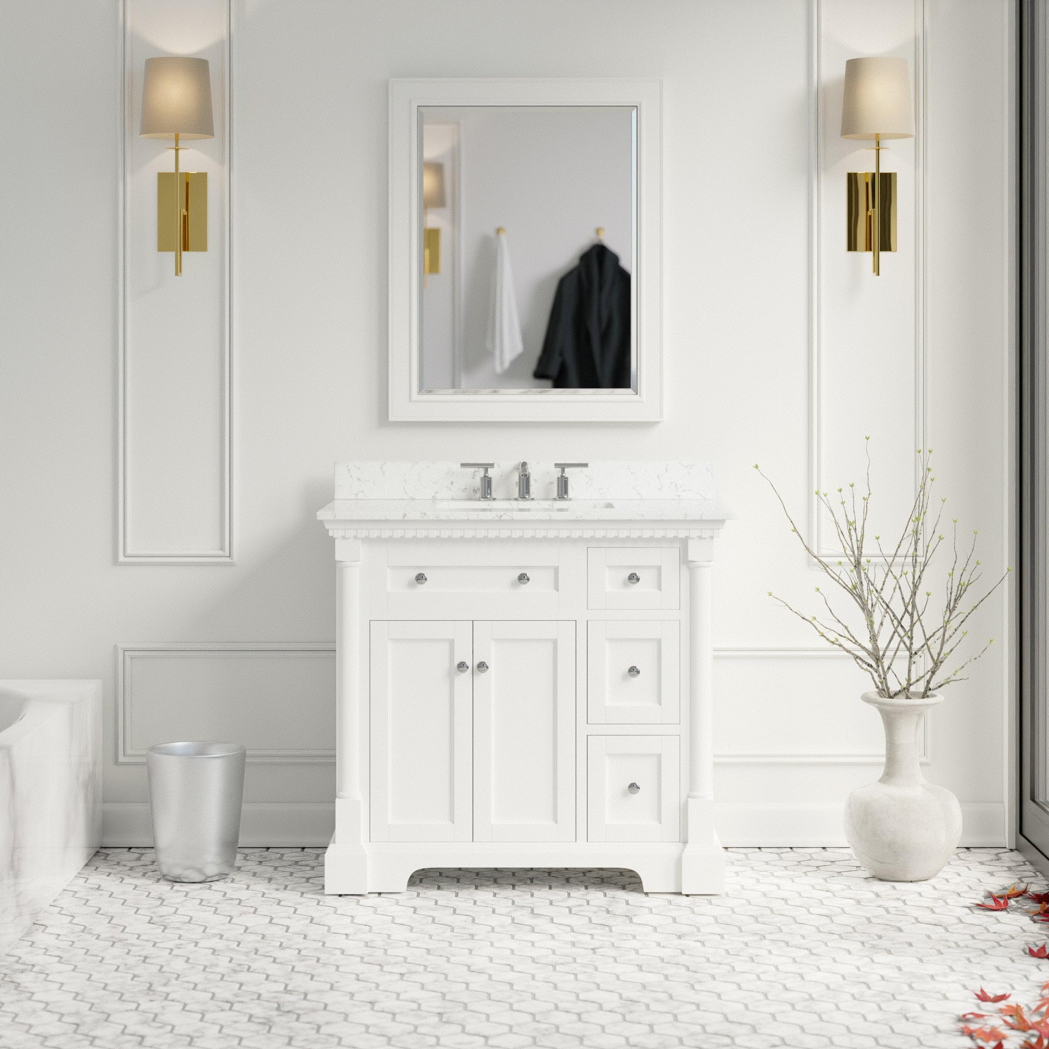 Sydney 36-inch Bathroom Vanity (Engineered Marble/White): Includes White Cabinet with Engineered Marble Countertop and White Ceramic Sink