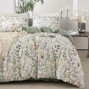 BUPIRD Floral Twin Duvet Cover 100% Soft Cotton 3 Pieces Flower Bedding Set for Girls Fresh Chic Garden Style Green Botanical Floral Pattern Printed Twin Flower Duvet Cover, with Zipper Closure