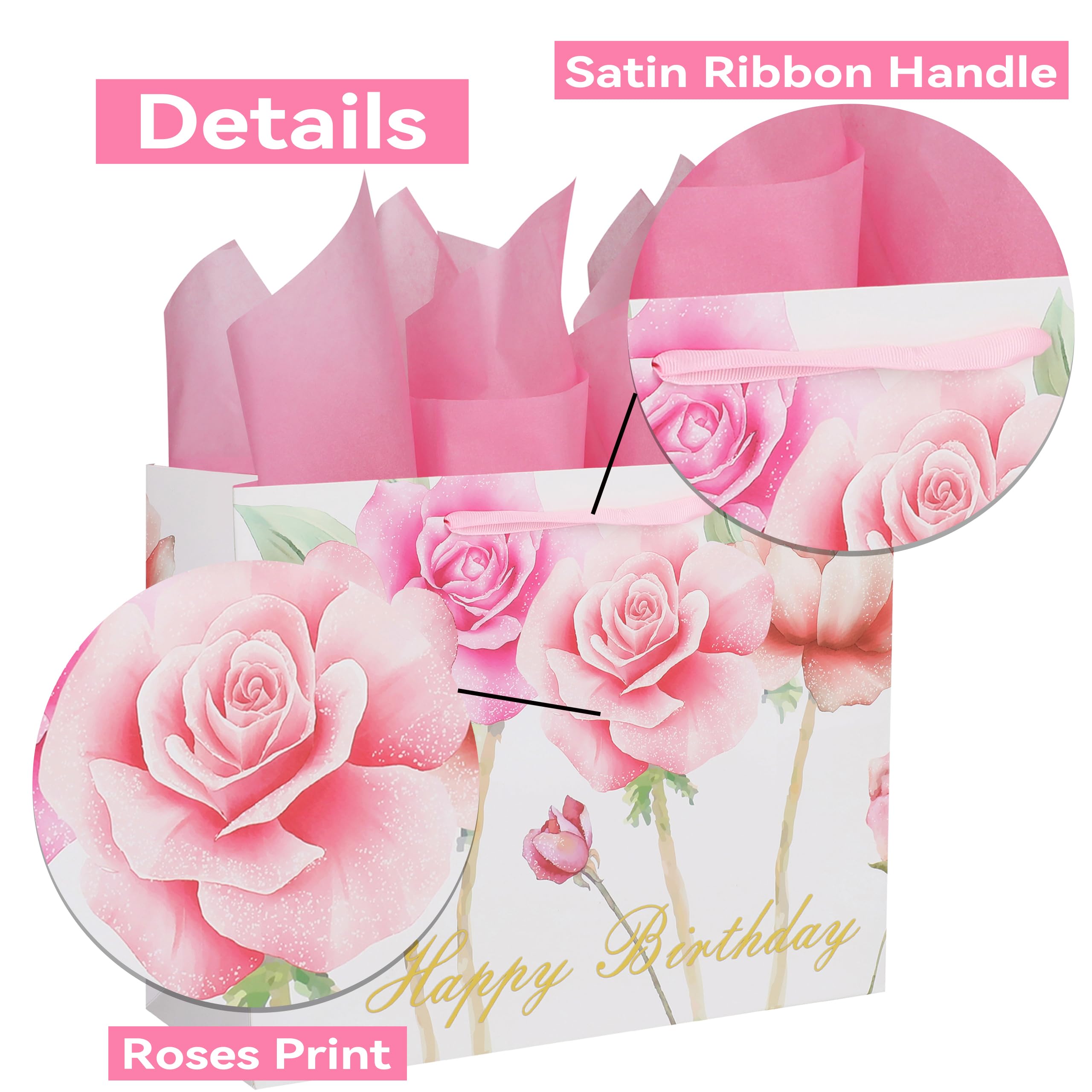 13" Large Pink Gift Bag Set with Greeting Card and Tissue Papers (Roses Design) Women's Birthday Party, Girls' Parties, Baby Shower, Baby Girl - 13”x5.2”x10.2”, 1 Pcs.